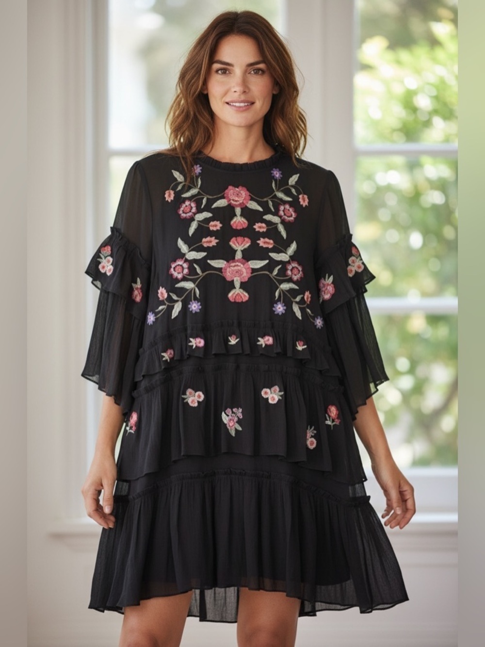 Umgee Black Floral Embroidered Tiered Size Small Gauze Dress